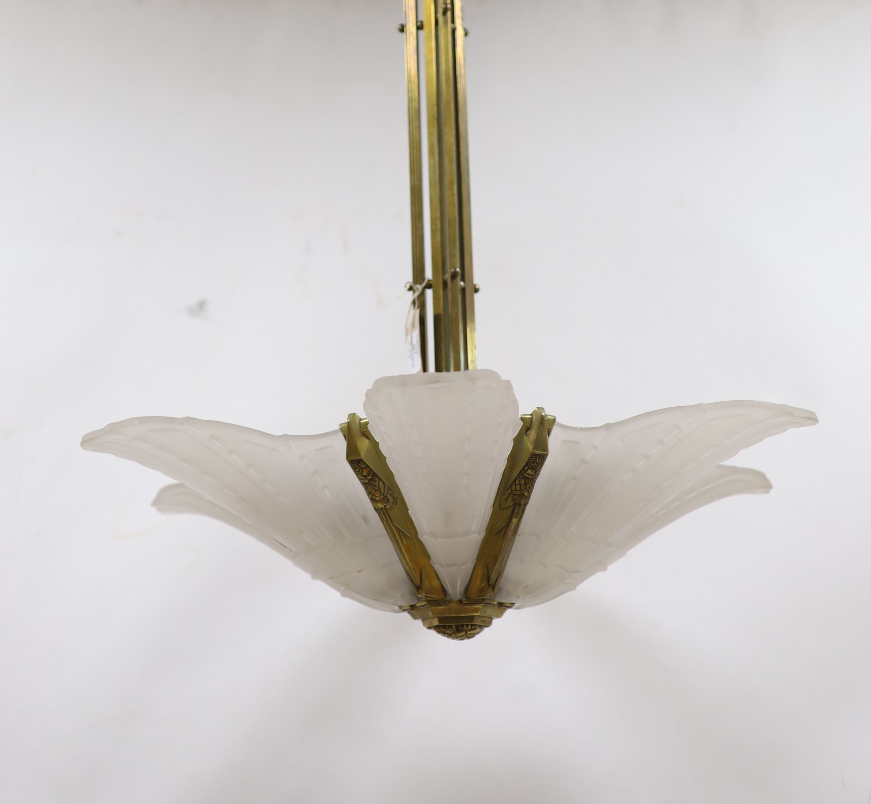 An Art Deco style large frosted glass and brass handing ceiling light 80cm drop